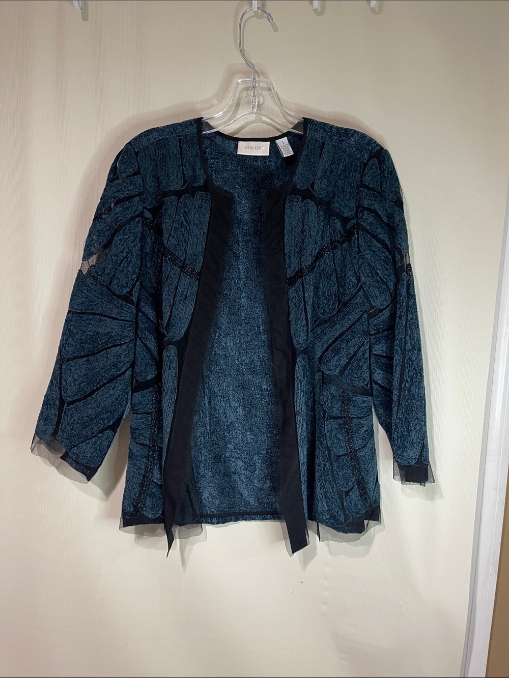 Chico's Teal and Black Sheer Layered Open Blazer/ Cardigan